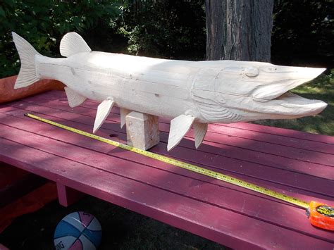 CHARLES WEISS ART Wood Carved Muskie In Progress