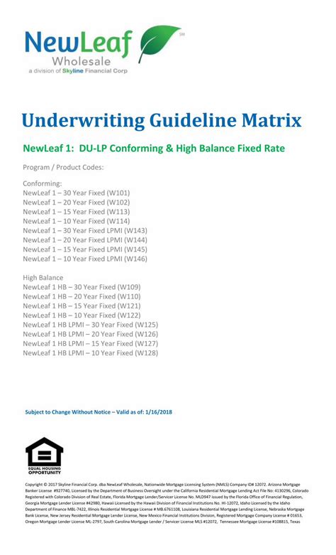 PDF Underwriting Guideline Matrix NewLeafWholesale Matrices