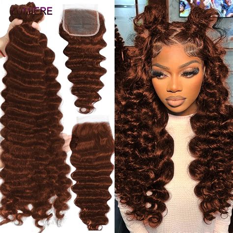 33 Auburn Brown Ombre Colored Loose Deep Wave Raw Human Hair Bundles With Lace Closure Frontal