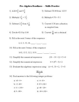Pre-Algebra Readiness Skills Practice by Michelle Wise | TPT