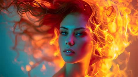 Woman With Red Hair And Blue Eyes Surrounded By Fire Premium Ai Generated Image