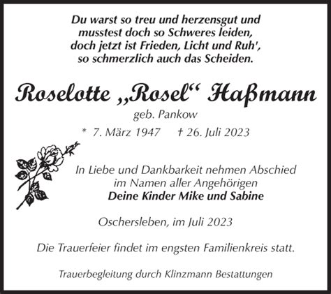 Traueranzeigen von Roselotte Haßmann abschied nehmen de