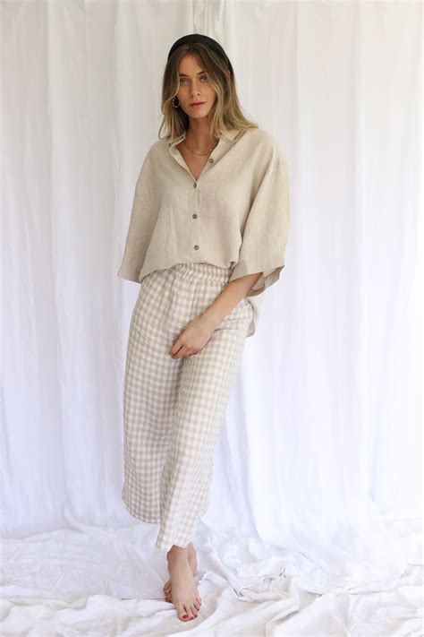 Elle Set In Beige Gingham In Linen Clothes Loungewear Set