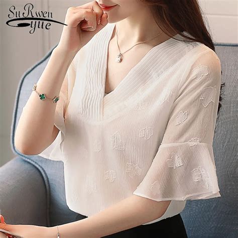 Fashion Women Blouses 2019 White Chiffon Women Blouse Shirt Tops Short Sleeve Summer Ladies Tops