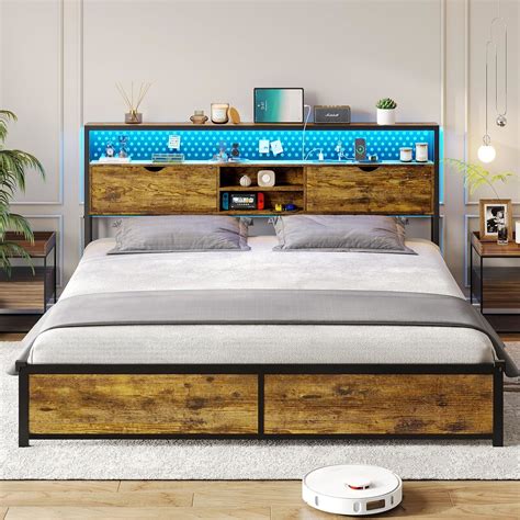 Latest Double Bed Designs With Charging Station Led Bed Frame And