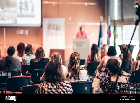 Woman Giving Presentation On Business Conference Event Stock Photo Alamy