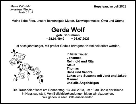 Trauer Gerda Wolf Teckbote Trauerportal