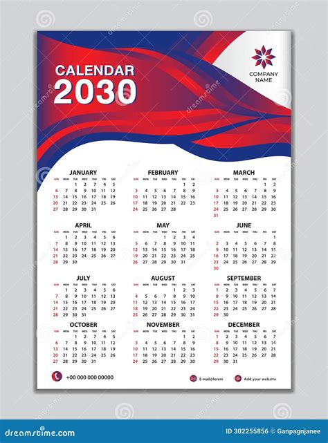 Wall Calendar 2030 Template On Red Wave Background, Calendar 2030 Design, Desk Calendar 2030 ...