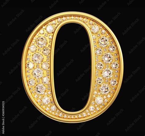 Golden Letter O With Diamonds On Black Background Clipping Path