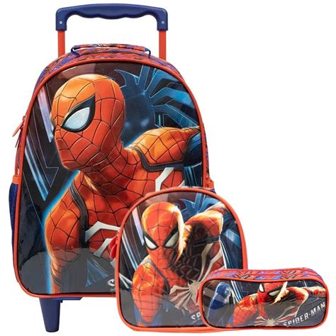 Kit mochila carrinho lancheira térmica e estojo Homem Aranha R 16