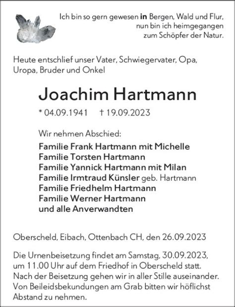 Traueranzeigen Von Joachim Hartmann Vrm Trauer De