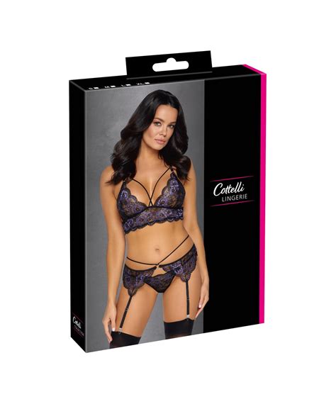 Cottelli Lingerie Black Lace Suspender Lingerie Set With Purple Embroidery SexyStyle Eu