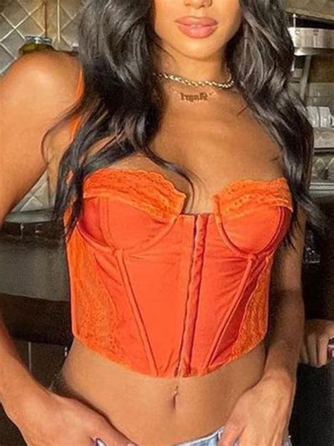 Emmiol Free Shipping 2023 Hooked Lace Paneled Crop Cami Top Orange M In