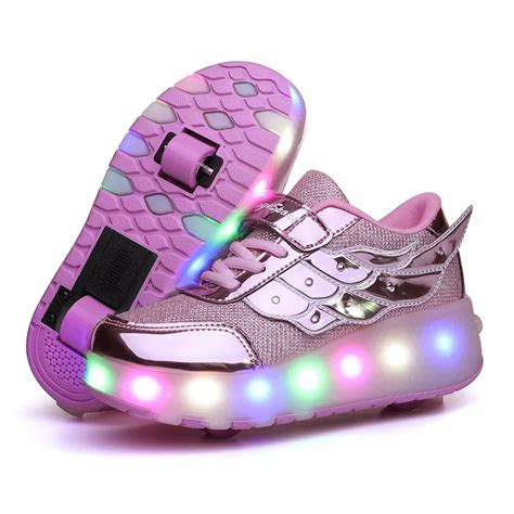 3in1 Roller Skate Sneakers Kids Wheel Shoes LED Lights - Pink Wings