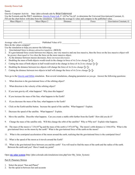 Gravity And Orbits Phet Worksheet - Printable Word Searches