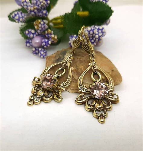 Victorian Style Brass Dangle Drop Crystal Earrings Etsy