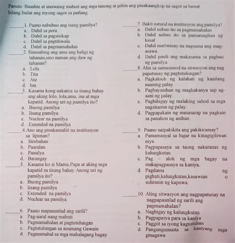 Panuto Basahin At Unawaing Mabuti Ang Mga Tanong At Piliin Ang