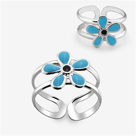 Blue Enamel Flower Silver Toe Ring Whole Sale 925 Silver