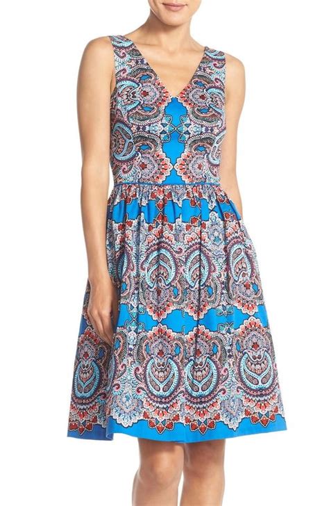 Maggy London Blue Multi Print Sateen Fit And Flare Short Casual Dress