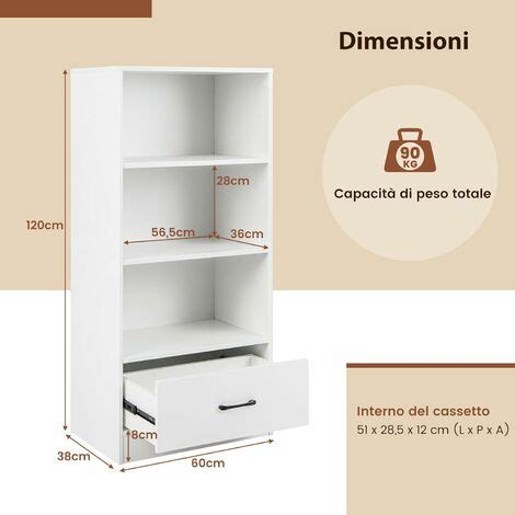 COSTWAY Libreria In Legno Con Cassetto Scaffale Di Stoccaggio A 4