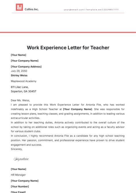 Free Work Experience Letter For Teacher Template Edit Online