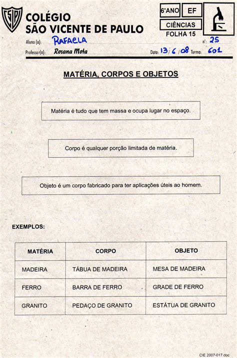 Ensino Fundamental 6° Ano Matérias Corpos E Objetos