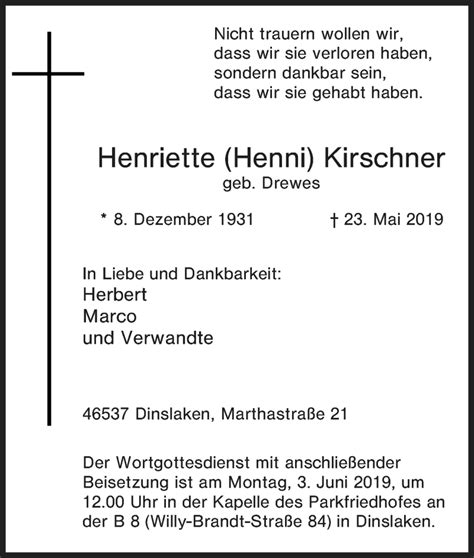 Traueranzeigen Von Henriette Kirschner Trauer In Nrw De