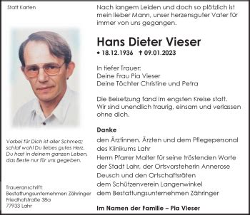 Traueranzeigen von Hans Dieter Vieser Schwarzwälder Bote Trauer