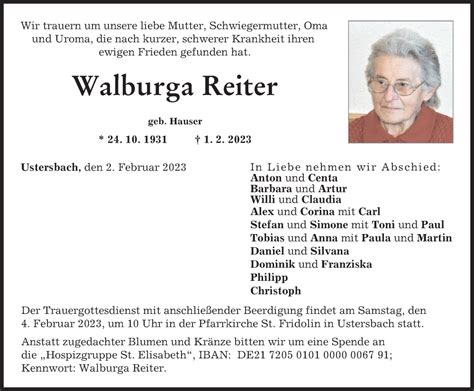 Traueranzeigen Von Walburga Reiter Augsburger Allgemeine Zeitung