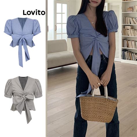 Lovito Women Lace Up Puff Sleeve Blouses LNA20036 Shopee Philippines