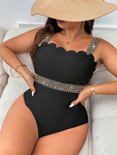 Shein Swim Chicsea Plus Size Women S Splicing Bandeau One Piece