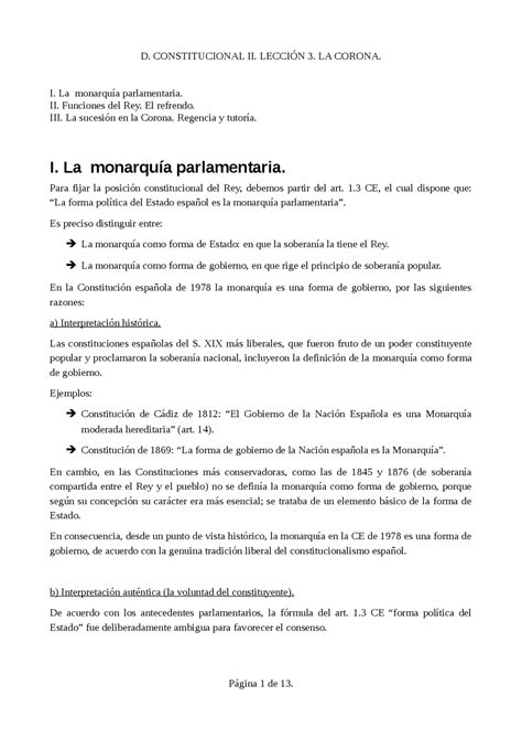 La Monarquía Parlamentaria Apuntes De Derecho Constitucional Docsity