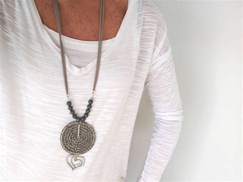 Long Crochet Circle Necklace With Beads And Heart Pendant Etsy