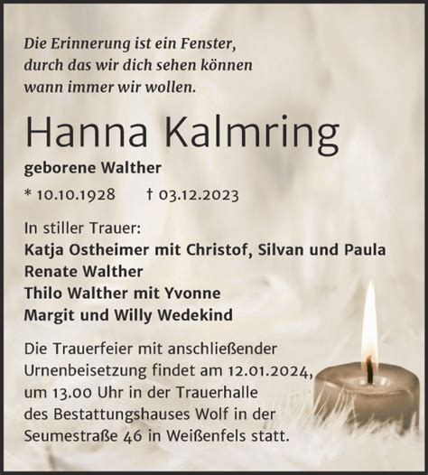 Traueranzeigen Von Hanna Kalmring Abschied Nehmen De