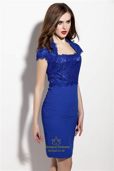 Royal Blue Lace Sheath Short Cocktail Dress With Cap Sleeves Vampal