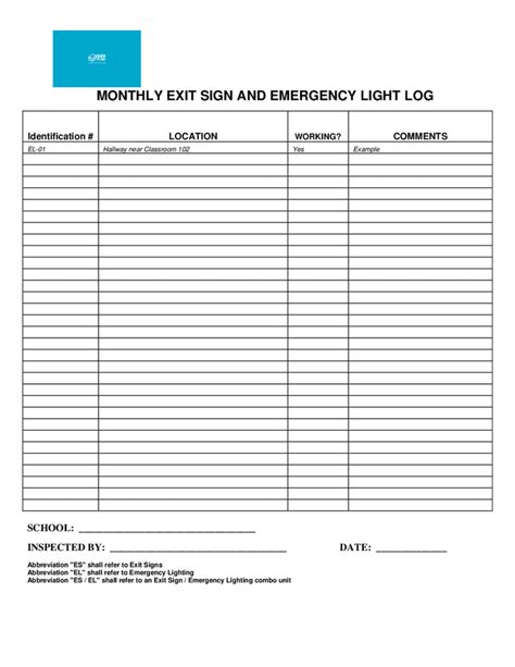 School Exit Sign And Emergency Light Log In Word And Pdf Formats