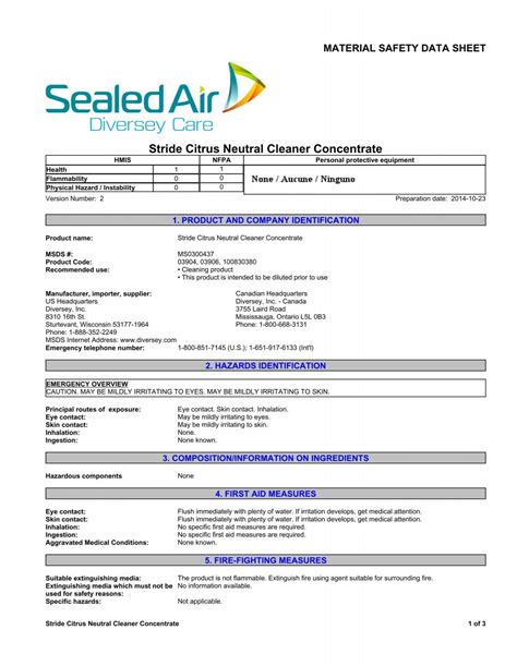 Stride Citrus Neutral Cleaner Concentrate Msds