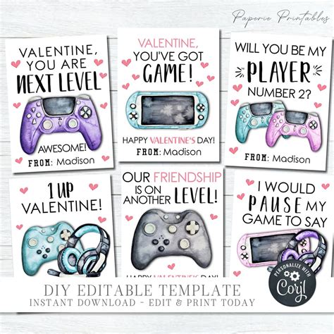 Editable Girl Gamer Valentine Cards Gamer Valentine Cards School