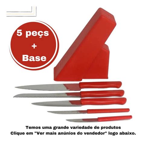 Conjunto De Facas 6 Peças Suporte Cepo Vermelho Martinox