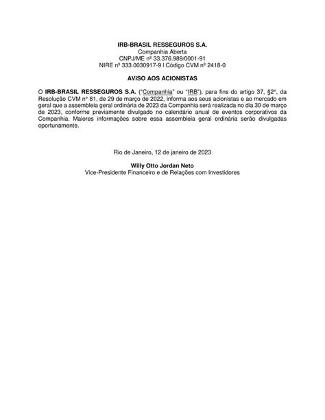 Aviso Aos Acionistas On Twitter Irb Brasil Resseguros S A