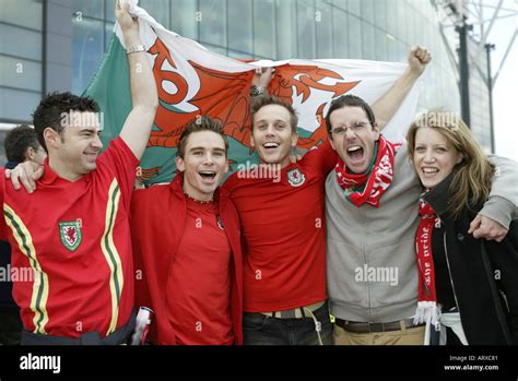 Welsh Football Fans At Match Cardiff South Wales Stock Photo Alamy