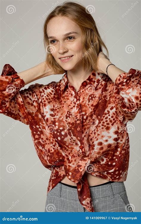Portrai Of Beautiful Blonde Woman In Red Shirt Stock Image Image Of Sensual Pose 141009967