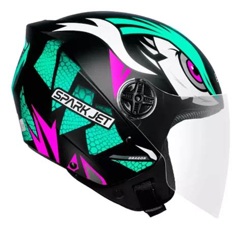 Capacete Aberto Ebf Spark Jet Dragon Preto Tifany Brilhante