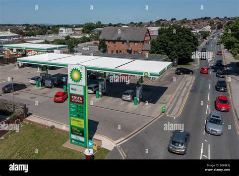 Fuel Filling Station Aerial View Of A Bp Petrol Station On A Sunny Day