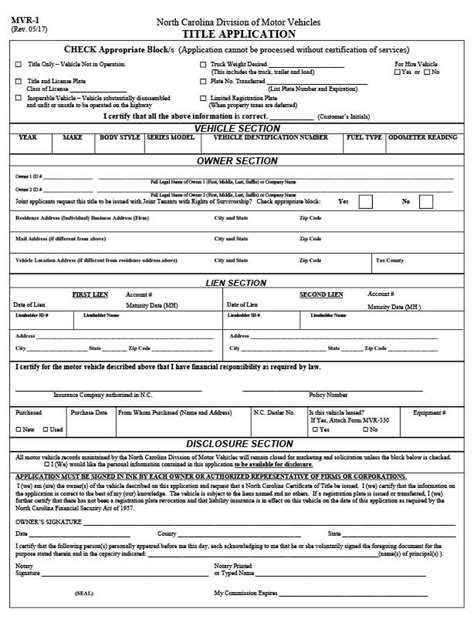 Form Mvr 1 Title Application North Carolina