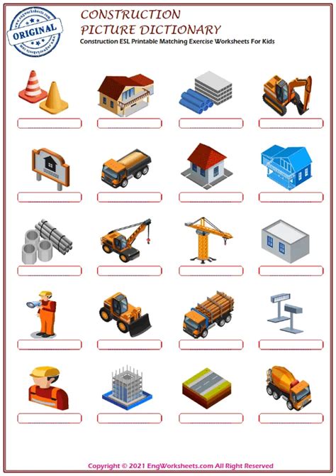 Construction Esl Printable Matching Exercise Worksheets For Kids