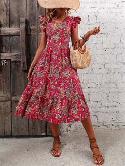 Paisley Print Ruffle Hem Dress Shein Eur Dress Boho Style Outfits