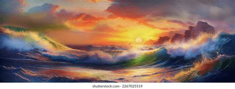 Beautiful Sunset Over Ocean Oil Painting Stock Illustration 2267025519 ...