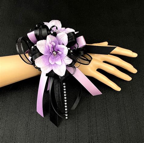 Silk Lavender And Black Wrist Corsage Or Boutonniere With Bling Etsy