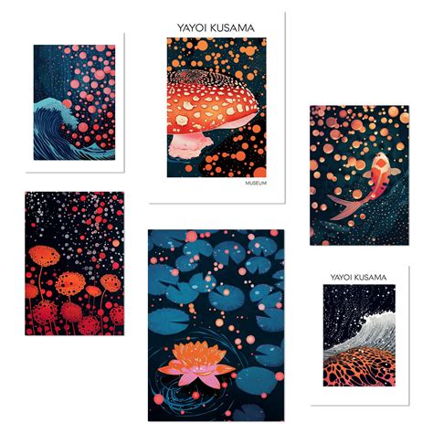 Set De 6 Yayoi Kusama Champiñón Ola Colores Oscuros Japonés Pósters Con